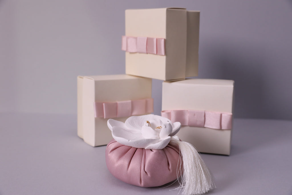 Handmade Scented Orchid Sachet – Pink Cushion with White Flower & Gift Box