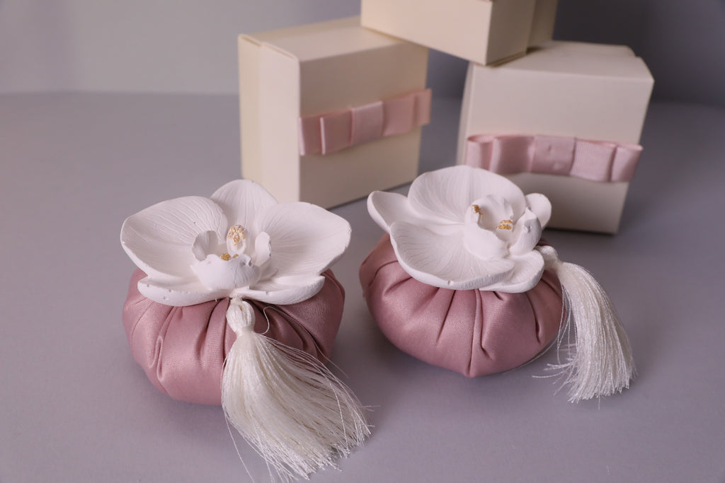 Handmade Scented Orchid Sachet – Pink Cushion with White Flower & Gift Box