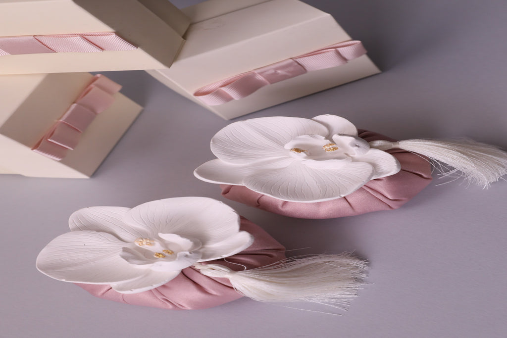 Handmade Scented Orchid Sachet – Pink Cushion with White Flower & Gift Box