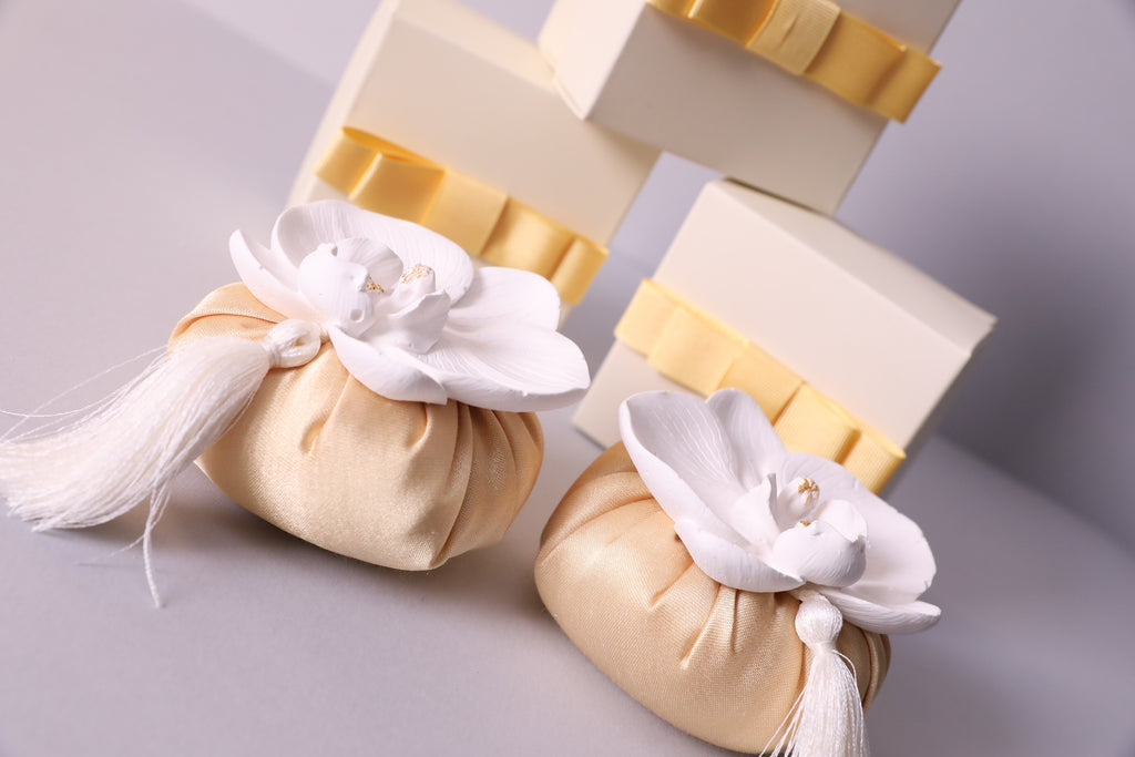 Handmade Scented Orchid Sachet – Gold Cushion with White Flower & Gift Box