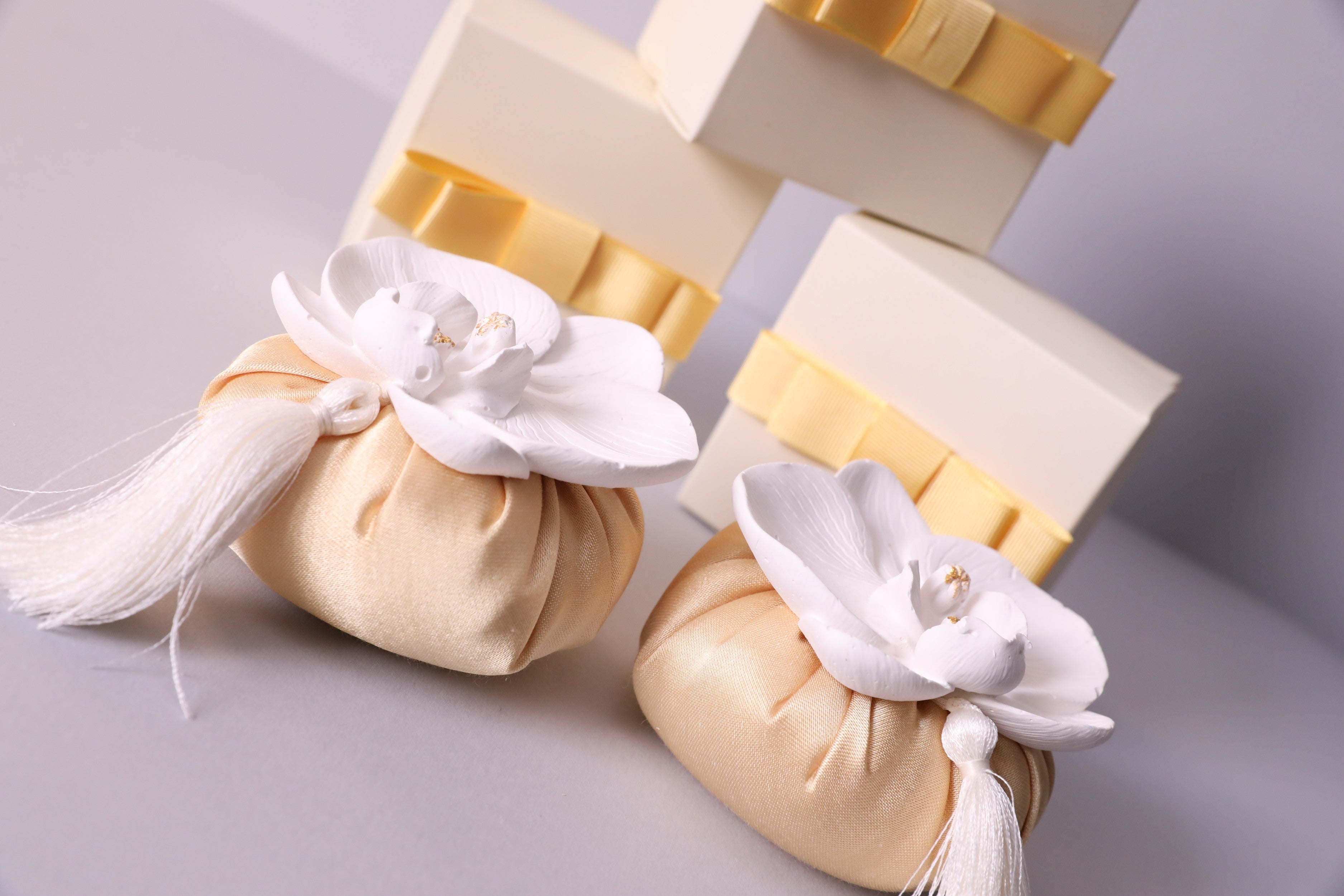 Handmade Scented Orchid Sachet – Gold Cushion with White Flower & Gift Box