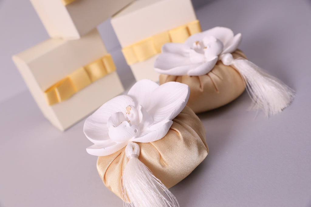 Handmade Scented Orchid Sachet – Gold Cushion with White Flower & Gift Box