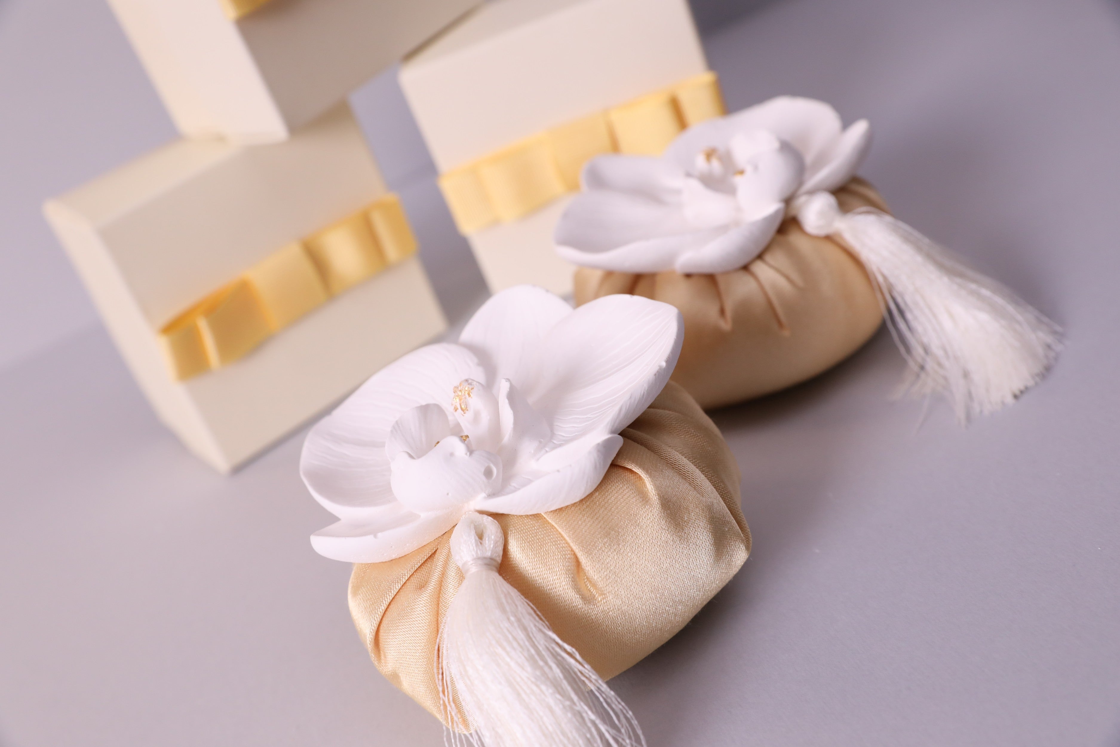 Handmade Scented Orchid Sachet – Gold Cushion with White Flower & Gift Box