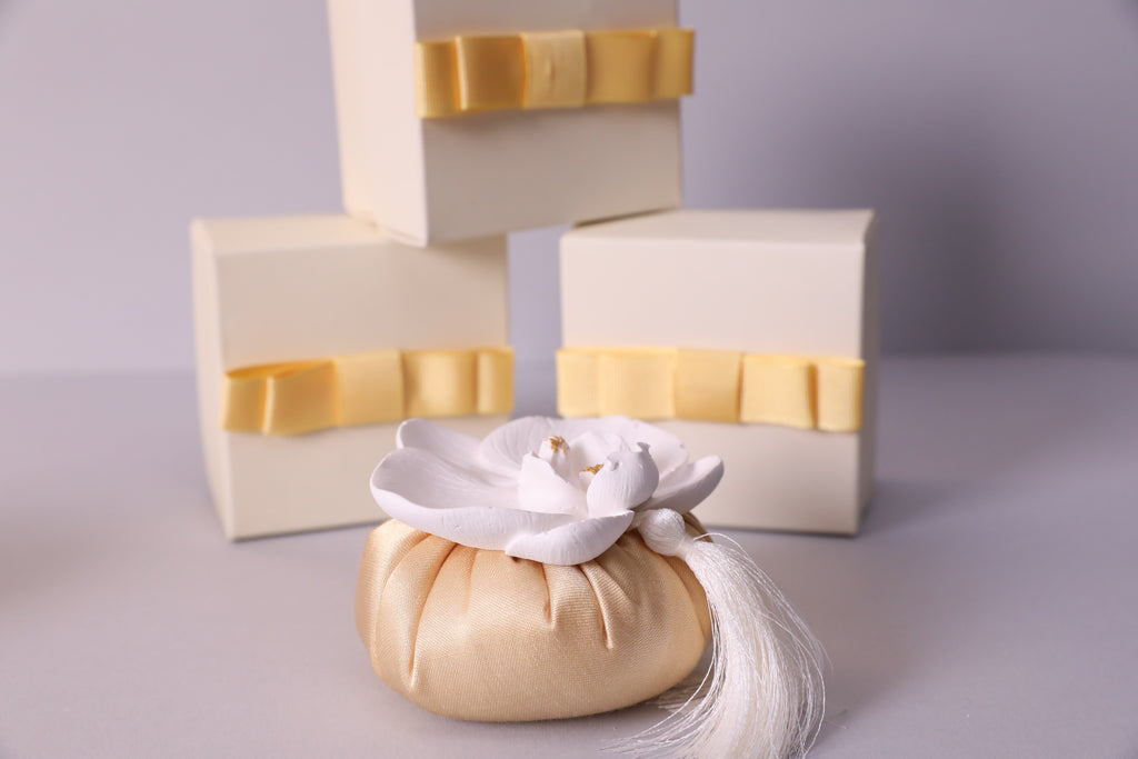 Handmade Scented Orchid Sachet – Gold Cushion with White Flower & Gift Box