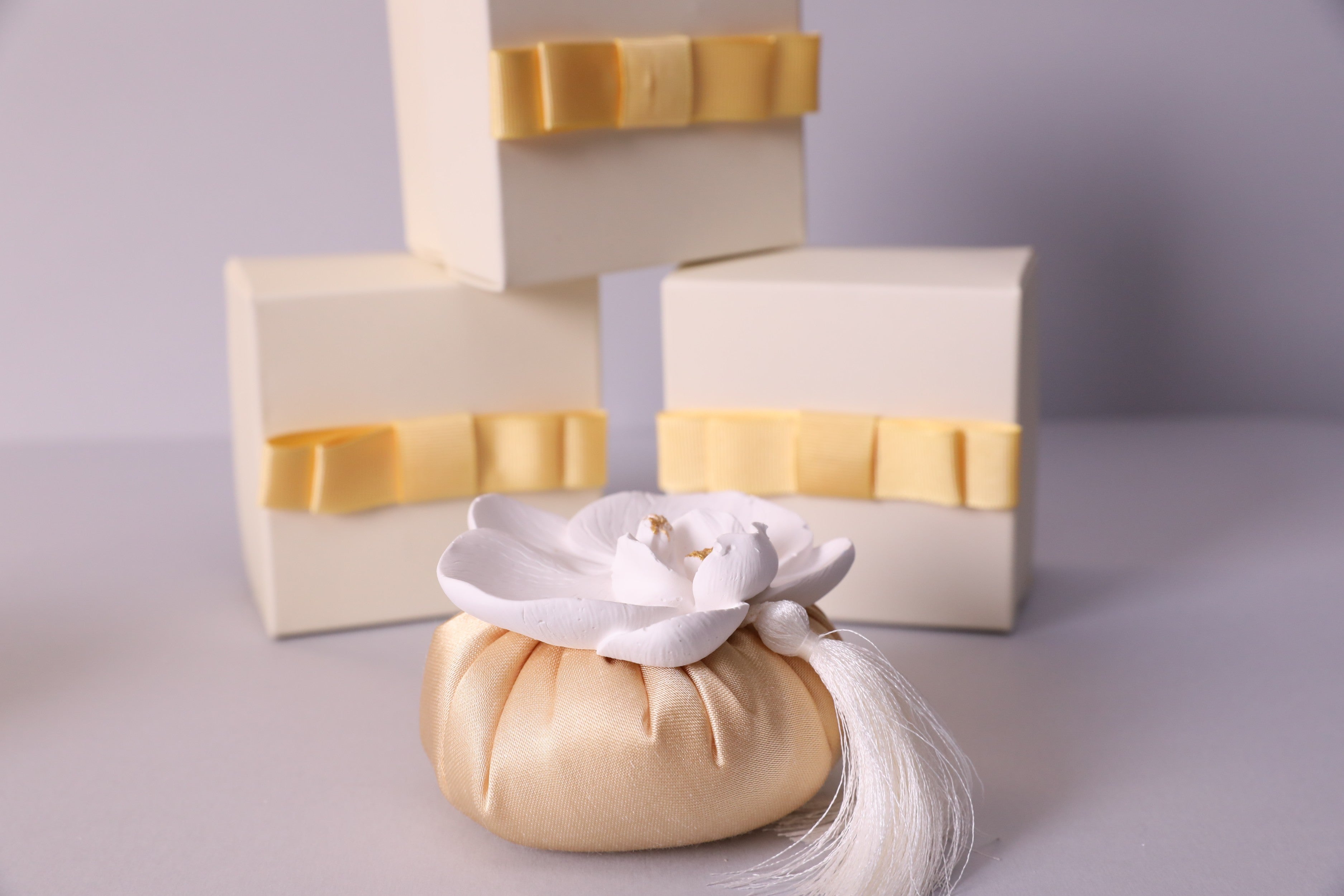 Handmade Scented Orchid Sachet – Gold Cushion with White Flower & Gift Box