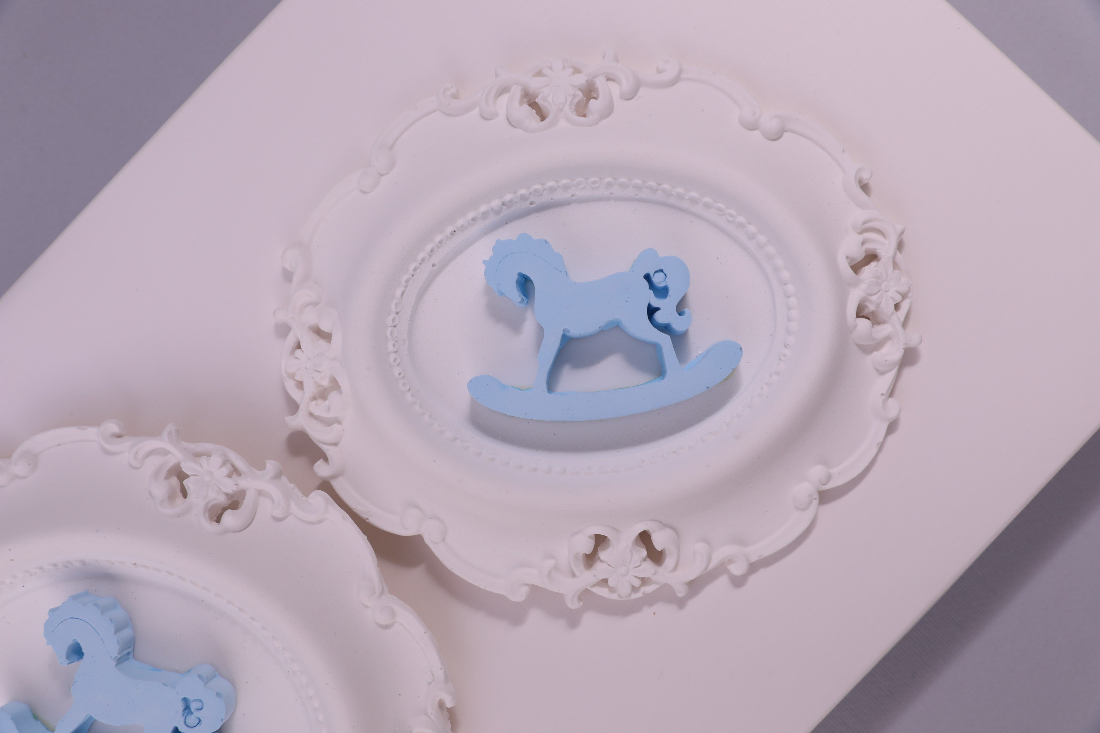 Vintage Baby Rocking Horse Wall Décor – White Frame with Blue Accent