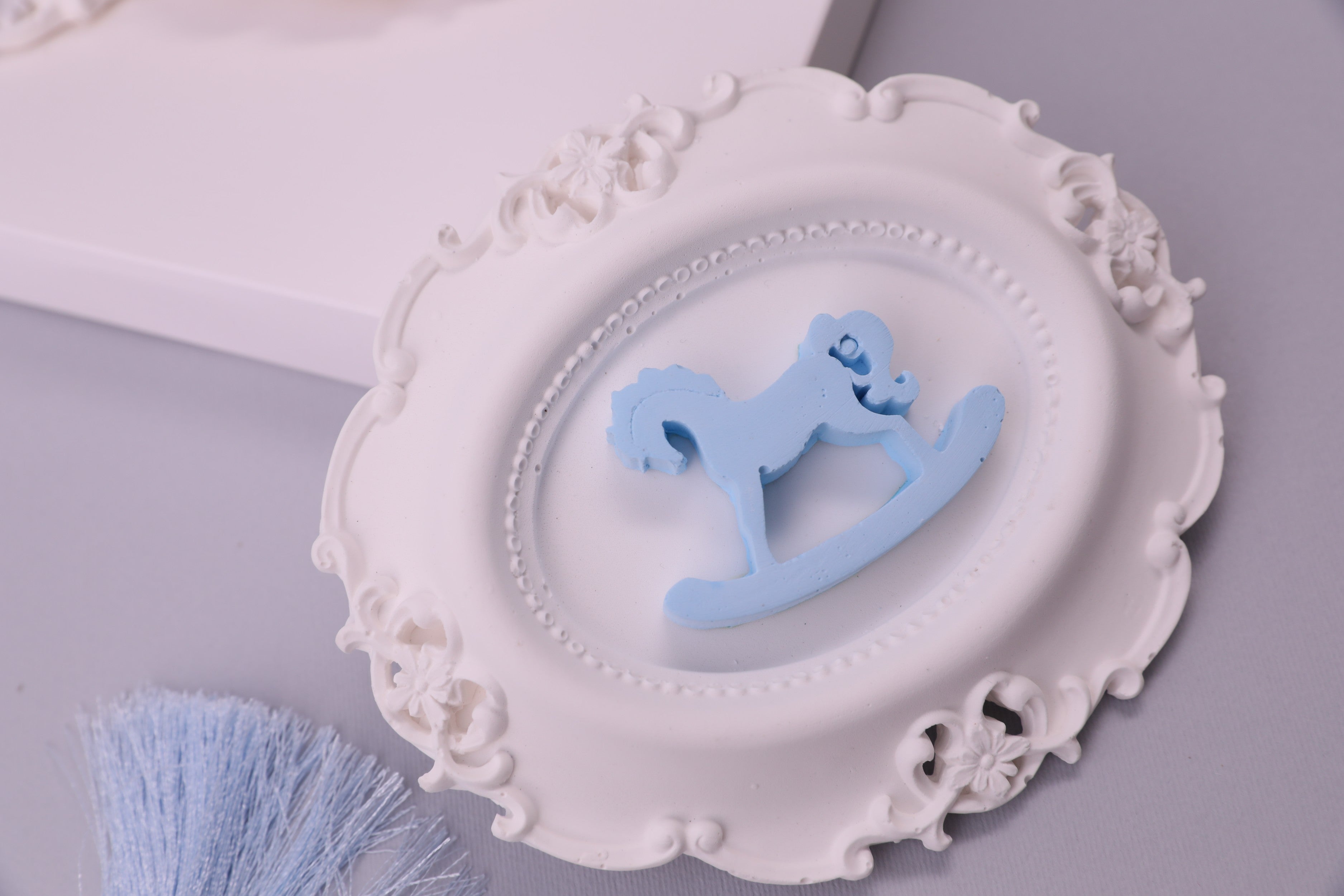 Vintage Baby Rocking Horse Wall Décor – White Frame with Blue Accent