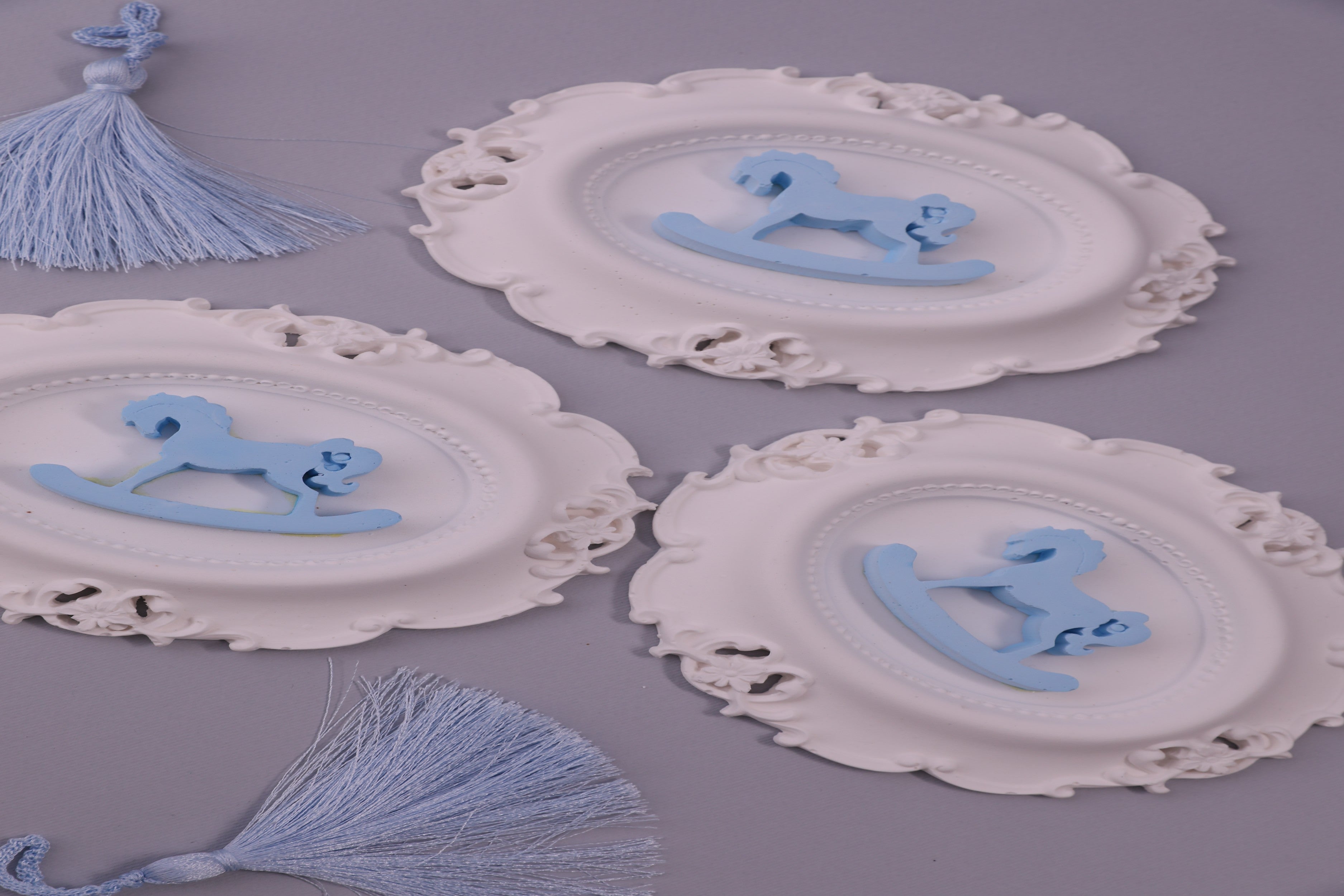 Vintage Baby Rocking Horse Wall Décor – White Frame with Blue Accent