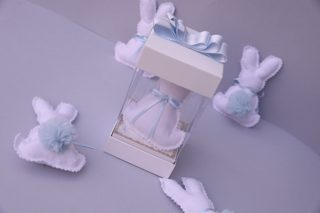 Handmade Scented Plush Bunny – White & Blue Baby Gift with Gift Box