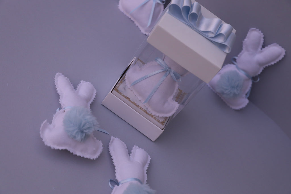 Handmade Scented Plush Bunny – White & Blue Baby Gift with Gift Box