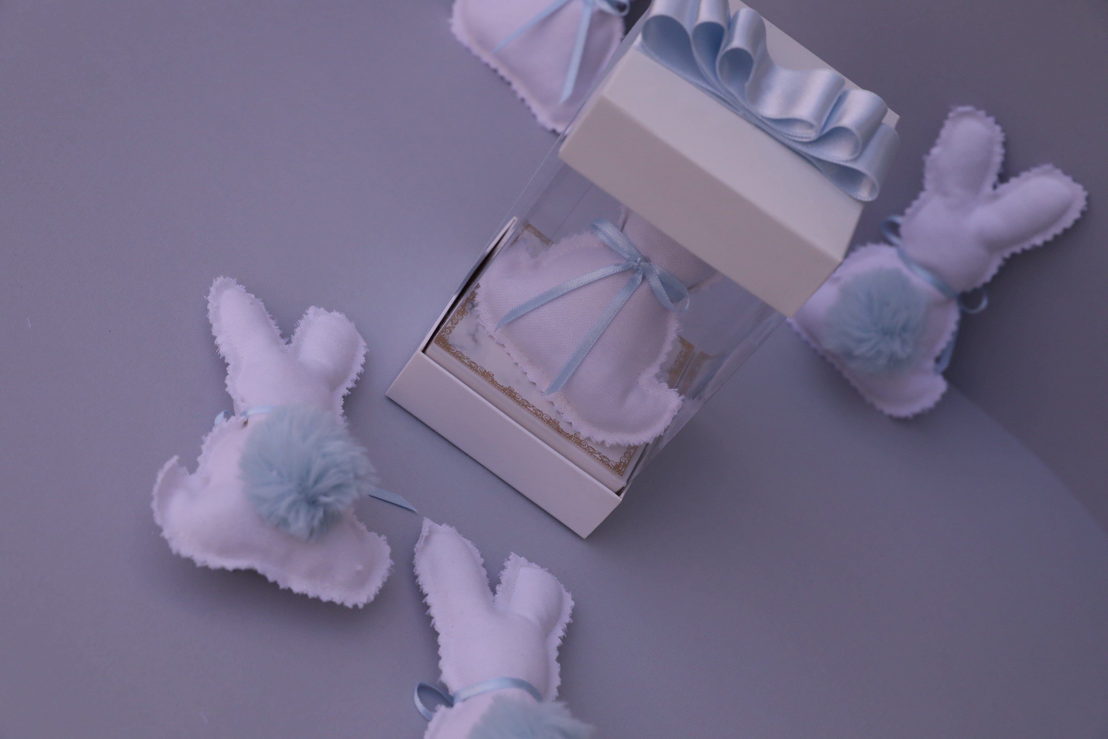Handmade Scented Plush Bunny – White & Blue Baby Gift with Gift Box